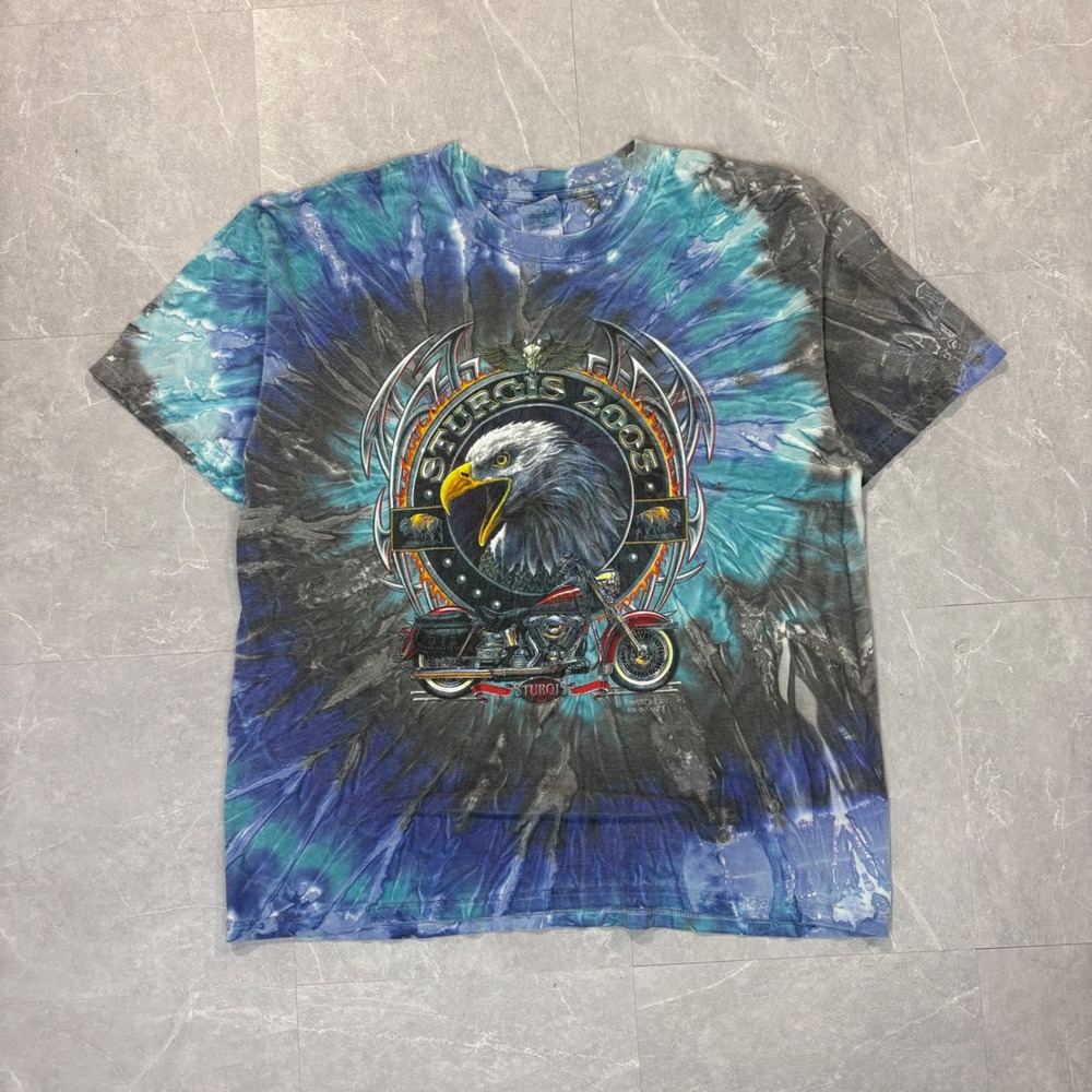 Vintage Sturgis 2003 Tie Dye Biker T-Shirt XL Eagle Motorcycle Rally Gildan Blue